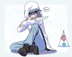 Rule 34 | 1girl, anglerfish, ankle boots, baseball cap, black footwear, blue border, blue eyes, blue hat, blue pants, blue skirt, boots, border, closed mouth, coat, commentary, cross-laced footwear, finnish text, fish, girls und panzer, hat, holding, holding knife, hood, hood up, hooded coat, jacket, jersey, keizoku military uniform, knee up, knife, light frown, long sleeves, looking to the side, military, military uniform, miniskirt, oosaka kanagawa, outside border, pants, pleated skirt, shadow, short hair, silver hair, single vertical stripe, sitting, skirt, solo, track jacket, track pants, track suit, uniform, white coat, youko (girls und panzer)