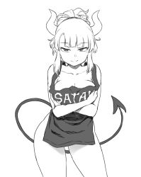 Rule 34 | 1girl, apron, black apron, black tail, breast hold, breasts, cleavage, contrapposto, crossed arms, demon girl, demon horns, demon tail, greyscale, helltaker, horns, large breasts, long hair, looking at viewer, lucifer (helltaker), mole, mole under eye, monochrome, naked apron, no panties, ponytail, solo, tail, tsukudani (coke-buta), white horns