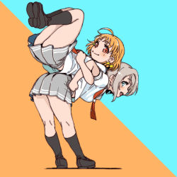 Rule 34 | 10s, 2girls, :d, ahoge, back-to-back, black footwear, black socks, blue background, blue eyes, bow, braid, clenched hands, grey hair, hair bow, hair ornament, hairpin, kneehighs, leaning forward, lifting person, locked arms, looking at viewer, love live!, love live! sunshine!!, miniskirt, multiple girls, neckerchief, open mouth, orange hair, pleated skirt, red eyes, red neckerchief, school uniform, serafuku, shinanoya (satanicad), shoes, short hair, short sleeves, side braid, skirt, smile, socks, standing, takami chika, tie clip, two-tone background, uranohoshi school uniform, watanabe you, yellow bow