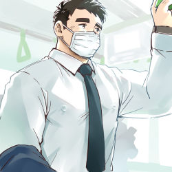Rule 34 | 1boy, bara, bus, formal, male focus, mask, mature male, motor vehicle, muscular, muscular male, necktie, nipples, original, pectorals, short hair, solo, suit, suv (suv032), thick eyebrows
