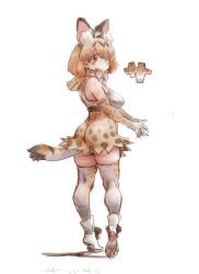 Rule 34 | 1girl, animal ears, ass, blonde hair, blush, blush stickers, bow, bowtie, breasts, elbow gloves, extra ears, gloves, highres, kemono friends, kemono friends 3, large breasts, looking at viewer, nyororiso (muyaa), open mouth, print bow, print bowtie, serval (kemono friends), serval print, shirt, short hair, signature, skirt, sleeveless, sleeveless shirt, solo, tail, thighhighs