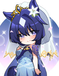 Rule 34 | 1girl, animal ears, bead necklace, beads, blue dress, blush, breasts, closed mouth, dress, flower, hair between eyes, hair flower, hair ornament, highres, horse ears, horse girl, horse tail, jewelry, large breasts, long hair, looking at viewer, necklace, purple eyes, purple hair, smile, solo, tail, tiara, umamusume, verxina (umamusume), warashi, white flower