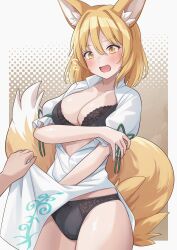 Rule 34 | 1girl, 1other, absurdres, animal ears, black panties, blonde hair, blush, breasts, cleavage, clothes lift, collarbone, cowboy shot, flying sweatdrops, fox ears, fox tail, green ribbon, hair between eyes, highres, kudamaki tsukasa, large breasts, open mouth, panties, ramie (ramie541), ribbon, romper, short hair, solo focus, tail, touhou, underwear, white romper, yellow eyes