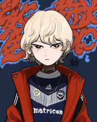 Rule 34 | adidas, androgynous, black eyes, blonde hair, chain, chain earrings, commentary request, earrings, english text, gender request, jewelry, looking at viewer, mole, mole under eye, necklace, original, short hair, signature, solo, sota 96, upper body