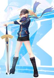 Rule 34 | 1girl, ahoge, artoria pendragon (fate), baseball cap, black footwear, blonde hair, boots, cross-laced footwear, excalibur (fate/stay night), fate/grand order, fate (series), hat, jacket, lace-up boots, mysterious heroine x (fate), open mouth, ponytail, rojiura satsuki : chapter heroine sanctuary, saber (fate), scarf, shorts, solo, somemiya suzume, sword, track jacket, weapon