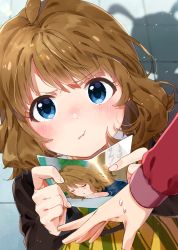 Rule 34 | 1girl, ahoge, blue eyes, blush, brown hair, commentary request, from above, highres, idolmaster, idolmaster million live!, long sleeves, looking at viewer, looking up, medium hair, okouka (gyunyutabetai), photo (object), pout, pov, pov hands, shadow, sleeping, suou momoko, sweatdrop, upper body