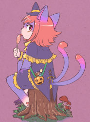 Rule 34 | androgynous, candy, cat, food, furry, gender request, hat, licking, multiple tails, nature, plant, red hair, short hair, simple background, solo, tail, toraneko (38), two tails