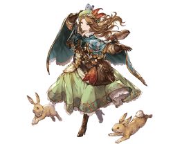 Rule 34 | 10s, 1girl, animal, bag, belt, bird, boots, brown eyes, brown hair, rabbit, capelet, dress, full body, gloves, granblue fantasy, hat, jasmine (granblue fantasy), knee boots, long hair, looking at viewer, minaba hideo, smile, squirrel, transparent background, white background