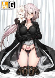 Rule 34 | 1girl, aug (girls&#039; frontline), black dress, black footwear, black gloves, black panties, boots, breasts, cleavage, clothes lift, collarbone, commentary request, cross, dress, dress lift, flower, girls&#039; frontline, gloves, gluteal fold, hair flower, hair ornament, hair ribbon, kneeling, lifted by self, long hair, looking at viewer, mixed-language commentary, panties, parted bangs, parted lips, pubic tattoo, ribbon, smile, solo, takejun, tattoo, thigh boots, thighhighs, underwear, white hair, yellow eyes