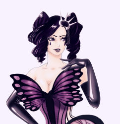 Rule 34 | 1girl, alternate costume, arrancar, bad deviantart id, bad id, bare shoulders, bleach, breasts, butterfly wings, cirucci sanderwicci, cleavage, dress, drill hair, elbow gloves, eyeshadow, facial mark, gloves, hair ornament, highres, insect wings, large breasts, lipstick, makeup, purple dress, purple eyes, purple gloves, purple hair, purple lips, short hair, short twintails, solo, strapless, strapless dress, twin drills, twintails, vantasticart, wings