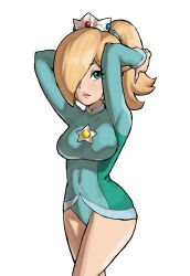 Rule 34 | 1girl, arms behind head, athletic leotard, bare legs, blonde hair, blue eyes, blue leotard, breasts, closed mouth, commentary request, covered navel, crown, eyelashes, hair over one eye, highres, leotard, mario &amp; sonic at the olympic games, mario &amp; sonic at the rio 2016 olympic games, mario (series), medium breasts, medium hair, mixed-language commentary, nintendo, pink lips, ponytail, rosalina, simple background, solo, standing, toggy keiichi, white background