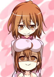 Rule 34 | 2girls, age difference, ahoge, breast rest, breasts, breasts on head, brown eyes, brown hair, child, closed mouth, commentary request, dress, empty eyes, hair between eyes, hands on another&#039;s shoulders, height difference, i.u.y, large breasts, last order (toaru majutsu no index), long sleeves, looking at another, medium hair, messy hair, misaka worst, multiple girls, no pupils, pink background, shaded face, siblings, sisters, smile, toaru majutsu no index, toaru majutsu no index: new testament, upper body, vietnamese dress, white dress