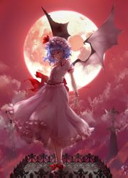 Rule 34 | 1girl, absurdres, bat wings, blue hair, boots, clock, clock tower, closed mouth, cloud, expressionless, flat chest, floating hair, full body, full moon, glowing, glowing eyes, hair between eyes, hat, hat ribbon, high heels, highres, jewelry, kureihii, leaning back, lips, looking down, medium hair, mob cap, moon, moonlight, nail polish, night, night sky, outdoors, pensive, petticoat, pink hat, puffy short sleeves, puffy sleeves, red eyes, red moon, red nails, red sky, remilia scarlet, ribbon, scarlet devil mansion, shoes, short sleeves, signature, sky, solo, standing, sun, touhou, tower, wind, wings, wrist cuffs