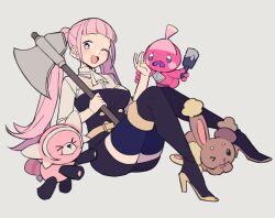 Rule 34 | &gt; &lt;, &gt; o, 1girl, axe, buneary, creatures (company), crossover, do m kaeru, female focus, fire emblem, fire emblem: three houses, full body, game freak, garreg mach monastery uniform, gen 4 pokemon, gen 7 pokemon, high heels, hilda valentine goneril, holding, holding axe, holding weapon, looking at viewer, matching hair/eyes, nintendo, one eye closed, open mouth, pink eyes, pink hair, pokemon, sitting, smile, solo, stufful, thighhighs, tinkatink, twintails, weapon, wink