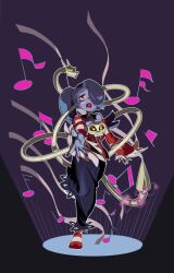 Rule 34 | 1girl, blue background, blue hair, blue skin, colored skin, detached collar, detached sleeves, dress, duruduru11, facing viewer, full body, hair over one eye, half-closed eyes, leviathan (skullgirls), musical note, open mouth, outstretched arm, red eyes, skullgirls, socks, solo, squigly (skullgirls), standing, stitched mouth, stitches, striped clothes, striped sleeves, striped socks, zombie