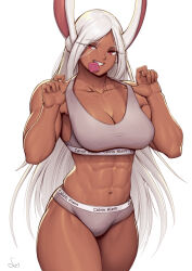 Rule 34 | 1girl, abs, absurdres, adjusting clothes, animal ears, bare shoulders, boku no hero academia, breasts, calvin klein, cleavage, collarbone, commentary, condom, condom in mouth, dark-skinned female, dark skin, english commentary, grey panties, grey sports bra, highres, large breasts, long eyelashes, long hair, looking at viewer, mirko, mouth hold, navel, panties, parted bangs, rabbit ears, rabbit girl, red eyes, signature, smile, solo, speedl00ver, sports bra, stomach, teeth, thick thighs, thighs, toned, underwear, very long hair, white background, white hair