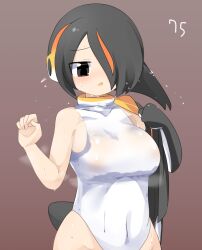 Rule 34 | 1girl, bird tail, black hair, black jacket, blush, brown background, commentary request, covered erect nipples, covered navel, cowboy shot, emperor penguin (kemono friends), gradient background, hair between eyes, hair over one eye, headphones, highres, jacket, kemono friends, lets0020, long bangs, multicolored hair, numbered, one-piece swimsuit, open mouth, orange hair, short hair, solo, streaked hair, swimsuit, tail, undressing, white one-piece swimsuit