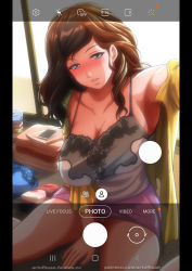 Rule 34 | 1girl, armpits, artofhuan, bare shoulders, blue bra, blue eyes, blush, bra, breasts, brown hair, cellphone, cleavage, commentary request, folded clothes, highres, large breasts, long hair, mature female, miniskirt, mole, mole under eye, off shoulder, original, parted lips, phone, purple skirt, selfie, sitting, skirt, smartphone, taking picture, tank top, thighs, underwear, viewfinder