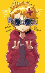 Rule 34 | 1boy, amaneryuusei, bangs pinned back, blonde hair, dappou rock (vocaloid), double v, hair ornament, hairclip, highres, hood, hoodie, kagamine len, looking at viewer, male focus, red eyes, solo, song name, @ @, sunglasses, v, vocaloid, x hair ornament, yellow background