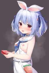 Rule 34 | 1girl, animal ears, bag, blue hair, blue ribbon, blush, breasts, collarbone, commentary request, condom box, covered navel, grey background, grey choker, hair ribbon, heart, heart-shaped pupils, highres, holding, hololive, multicolored hair, nipples, rabbit ears, rabbit girl, red eyes, ribbon, saliva, shirt, shizukawashi sumi, shoulder bag, simple background, skirt, sleeveless, sleeveless shirt, small breasts, solo, steam, streaked hair, symbol-shaped pupils, teeth, tied ears, tongue, tongue out, two side up, upper teeth only, usada pekora, usada pekora (casual), virtual youtuber, white hair, white shirt, white skirt
