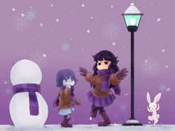 Rule 34 | 2girls, artist request, dancing, lamppost, long hair, multiple girls, pantyhose, rabbit, scarf, smile, snow, snowman, sometsuki, ultra violet (game), very long hair, winter, winter clothes