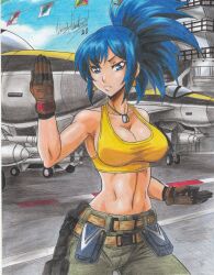 Rule 34 | 1girl, 2020, absurdres, aircraft, aircraft carrier, angry, bare shoulders, belt, blue eyes, blue hair, breasts, cleavage, crop top, earrings, gloves, highres, jewelry, large breasts, leona heidern, metal slug, military vehicle, navel, ponytail, ravernclouk design, ship, sky, sleeveless, snk, solo, the king of fighters, traditional media, warship, watercraft