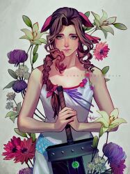 Rule 34 | 1girl, aerith gainsborough, bare arms, bare shoulders, braid, braided ponytail, breasts, brown hair, buster sword, closed mouth, cowboy shot, crisis core final fantasy vii, dress, final fantasy, final fantasy vii, floral background, flower, green eyes, hair over shoulder, hair ribbon, highres, holding, holding sword, holding weapon, lily (flower), long hair, looking at viewer, materia, medium breasts, own hands clasped, own hands together, parted bangs, pink flower, pink ribbon, purple flower, ribbon, sidelocks, signature, sleeveless, sleeveless dress, solo, square enix, sundress, sword, tholia bentz, watermark, wavy hair, weapon, web address, white dress, yellow flower