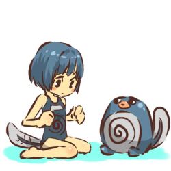 Rule 34 | 1990s (style), 1girl, bare shoulders, barefoot, blue hair, blush stickers, creatures (company), game freak, gen 1 pokemon, hitec, moemon, nintendo, one-piece swimsuit, personification, pokemon, pokemon (creature), pokemon rgby, poliwag, retro artstyle, school swimsuit, short hair, simple background, sitting, swimsuit, tail