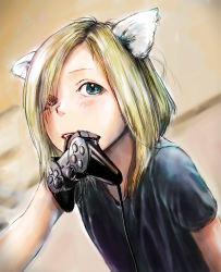 Rule 34 | 1girl, animal ears, aqua eyes, bad id, bad pixiv id, blonde hair, cat ears, controller, derivative work, game console, game controller, mouth hold, photo-referenced, shirt, short hair, solo, stdl, t-shirt
