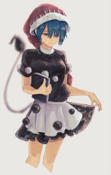 Rule 34 | 1girl, absurdres, apron, black dress, blue eyes, blue hair, blurry, blurry background, book, breasts, closed mouth, commentary, cropped legs, doremy sweet, dress, expressionless, grey background, hair over one eye, half-closed eyes, hat, highres, holding, holding book, long bangs, looking at viewer, nightcap, pom pom (clothes), red hat, short dress, short hair, short sleeves, simple background, skirt hold, small breasts, solo, tail, tapir tail, totopepe888, touhou, white apron