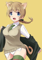 Rule 34 | 1girl, absurdres, ahoge, animal ears, between breasts, blue eyes, blush, bow, bow panties, braid, braided ponytail, breasts, brown hair, cat ears, cat tail, green necktie, hasegawa (hase popopo), highres, large breasts, looking at viewer, lynette bishop, necktie, necktie between breasts, open mouth, panties, ponytail, simple background, smile, solo, standing, strike witches, striped clothes, striped thighhighs, tail, thighhighs, underwear, white panties, world witches series, yellow background