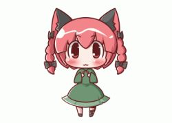 Rule 34 | 1girl, :3, animal ears, animated, animated gif, blush, bow, braid, cat ears, cat girl, cat tail, chibi, dancing, female focus, hair bow, kaenbyou rin, looping animation, lowres, maitora, multiple tails, red eyes, red hair, short hair, solo, tail, touhou, twin braids