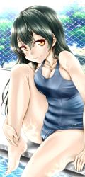 Rule 34 | 1girl, atchy, bare shoulders, barefoot, black hair, blush, breasts, brown eyes, chain-link fence, cleavage, commentary request, fence, highres, long hair, looking at viewer, medium breasts, one-piece swimsuit, original, school swimsuit, sitting, smile, solo, swimsuit, wet, wet clothes