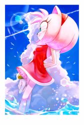 Rule 34 | 1girl, ameusute1002, amy rose, animal ears, animal nose, arm at side, arm behind back, bird, blue background, blue eyes, blue sky, body fur, border, breasts, caustics, closed mouth, cloud, contrail, day, dress, dutch angle, female focus, from side, furry, furry female, gloves, hairband, happy, highres, lens flare, outdoors, pink fur, pink hair, red dress, red hairband, short dress, short hair, sidelocks, sky, sleeveless, sleeveless dress, small breasts, smile, solo, sonic (series), standing, two-tone fur, wading, water, white border, white gloves