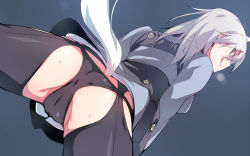 Rule 34 | 1girl, ass, aurora e. juutilainen, black panties, butt crack, em (totsuzen no hakike), from behind, from below, looking at viewer, looking back, military, military uniform, panties, solo, strike witches, strike witches: aurora no majo, thighhighs, underwear, uniform, world witches series
