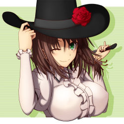 Rule 34 | 1girl, ;), arm up, assassin (lostbelt), black hat, blush, braid, breasts, brown hair, center frills, character name, charlotte corday (fate), charlotte corday (third ascension) (fate), closed mouth, fate/grand order, fate (series), flower, frills, green background, green eyes, grey shirt, hand on headwear, hasebe akira, hat, hat flower, holding, holding knife, juliet sleeves, knife, large breasts, long hair, long sleeves, looking at viewer, one eye closed, puffy sleeves, red flower, red rose, rose, shirt, smile, solo, striped, striped background