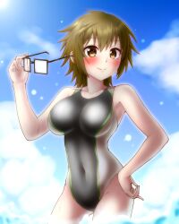 Rule 34 | 1girl, aussa (yu-gi-oh!), aussa the earth charmer, blue sky, breasts, brown eyes, brown hair, competition swimsuit, cowboy shot, duel monster, glasses, hand on own hip, highres, holding glasses, large breasts, looking at viewer, one-piece swimsuit, p-b-c (dark matter kakine), short hair, sky, smile, solo, swimsuit, water, yu-gi-oh!
