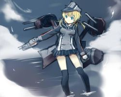 Rule 34 | 10s, 1girl, black ribbon, black skirt, black thighhighs, blonde hair, blue eyes, cloud, gloves, gradient background, hair ornament, hair ribbon, hat, izuoku, kantai collection, long hair, long sleeves, machinery, md5 mismatch, military, military uniform, miniskirt, over-kneehighs, peaked cap, pleated skirt, prinz eugen (kancolle), resized, ribbon, skirt, sky, solo, thighhighs, turret, twintails, uniform, wading, water, white gloves