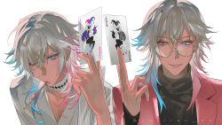Rule 34 | 2boys, absurdres, androgynous, bettel 2 (gavis bettel), bishounen, black sweater, blue eyes, blue hair, brothers, card, commentary, english commentary, eyelashes, eyeshadow, facing viewer, food, food in mouth, gavis bettel, glasses, grey hair, hair between eyes, heterochromia, highres, holding, holding card, holostars, holostars english, jacket, joker (playing card), jullian kk, lipgloss, looking at another, looking at viewer, makeup, male focus, medium hair, mole, mole under eye, multicolored hair, multiple boys, one eye closed, open clothes, open jacket, pink eyes, pink eyeshadow, pink hair, pink jacket, pink lips, playing card, pocky, pocky in mouth, portrait, purple eyeshadow, purple nails, shirt, siblings, sweater, twins, twitter username, virtual youtuber, white background, white shirt