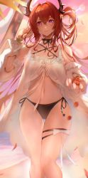 Rule 34 | 1girl, absurdres, arknights, bikini, breasts, cherry, cleavage, food, frilled shirt, frills, fruit, highres, large breasts, long sleeves, navel, outstretched arm, red eyes, red hair, shirt, surtr (arknights), swimsuit, thick thighs, thigh strap, thighs, ufoliving