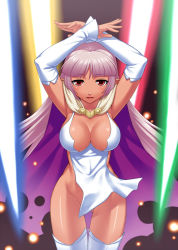 Rule 34 | aq interactive, arcana heart, arcana heart 2, atlus, breasts, cape, cleavage, dark skin, detached sleeves, elf, energy, examu, glowing, large breasts, long hair, misao (kami no misoshiru), parace l&#039;sia, pointy ears, red eyes, revealing clothes, thighhighs, torn cape, torn clothes, white hair, white legwear