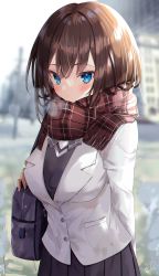 Rule 34 | 1girl, absurdres, arm behind back, bag, black skirt, blazer, blue eyes, blurry, blurry background, blush, breasts, breath, brown hair, brown scarf, closed mouth, commentary request, cowboy shot, day, depth of field, enpera, highres, jacket, large breasts, long hair, looking at viewer, original, outdoors, plaid, plaid scarf, pleated skirt, scarf, school bag, school uniform, signature, sinobi illust, skirt, solo, white jacket