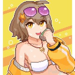 Rule 34 | 1girl, :d, ahoge, anis (nikke), anis (sparkling summer) (nikke), bare shoulders, bikini, breasts, brown hair, can, cleavage, drink can, eyewear on head, goddess of victory: nikke, hair ornament, holding, holding can, jacket, jewelry, large breasts, mask bikini, necklace, off-shoulder jacket, off shoulder, official alternate costume, open mouth, pink-tinted eyewear, pinkyii996, pixel art, short hair, smile, soda can, solo, string bikini, sunglasses, swimsuit, tinted eyewear, white bikini, yellow eyes, yellow jacket