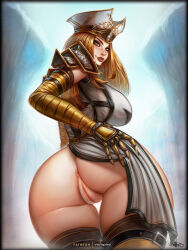 Rule 34 | 1girl, anus, ass, blonde hair, blush, breasts, cleft of venus, clothes lift, curvy, hand on own ass, hat, highres, huge ass, huge breasts, long hair, looking at viewer, orange eyes, paletress (world of warcraft), priestess, pussy, pussy juice, pussy juice drip, pussy peek, skirt, skirt lift, smile, tabard, thick lips, thick thighs, thighhighs, thighs, turning head, vempire, warcraft, wide hips, world of warcraft