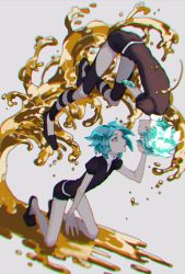 Rule 34 | 2others, amputee, androgynous, aqua eyes, aqua hair, broken, chromatic aberration, commentary request, dual persona, gem uniform (houseki no kuni), gold, green eyes, green hair, gumegume, highres, houseki no kuni, looking at another, missing limb, multiple others, necktie, phosphophyllite, short hair, shorts, spoilers, upside-down