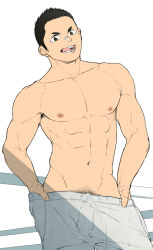 Rule 34 | 1boy, abs, armpit hair, armpit hair peek, bandaid, bandaid on face, bandaid on nose, bara, bulge, clothes pull, feet out of frame, gakki (gaku suru), grey pants, large pectorals, long sideburns, looking at viewer, male focus, male pubic hair, muscular, muscular male, navel, nipples, no male underwear, original, pants, pants pull, pectorals, pubic hair, short hair, sideburns, smile, solo, standing, stomach, topless male, track pants, undressing
