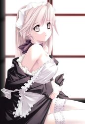 Rule 34 | 1girl, bare shoulders, collar, frilled thighhighs, frills, goth fashion, guilty troop factory, hairband, highres, jian, maid, pale skin, panties, pantyshot, solo, thighhighs, underwear, white eyes, white hair, white panties, white thighhighs