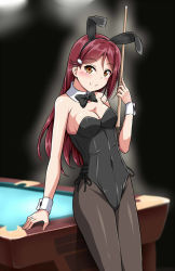 Rule 34 | 10s, 1girl, animal ears, bare shoulders, black bow, black bowtie, blush, bow, bowtie, breasts, brown pantyhose, cleavage, covered navel, cue stick, fake animal ears, hairband, leotard, long hair, looking at viewer, love live!, love live! sunshine!!, medium breasts, orange eyes, pantyhose, playboy bunny, pool table, rabbit ears, red hair, sakurauchi riko, smile, solo, standing, table, wrist cuffs, yopparai oni