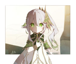 Rule 34 | 1girl, absurdres, aiwo o lite, cross-shaped pupils, detached sleeves, dress, genshin impact, green eyes, green sleeves, grey hair, hair between eyes, hair ornament, hand on own chest, highres, long hair, looking at viewer, multicolored hair, nahida (genshin impact), parted lips, pointy ears, ponytail, side ponytail, signature, solo, symbol-shaped pupils, upper body, white dress