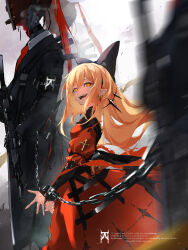 Rule 34 | 1girl, absurdres, blonde hair, chain, cross, cuffs, daichi, dirty face, dress, english text, fangs, fantasy, gun, highres, holding, holding gun, holding weapon, long hair, long sleeves, open mouth, orange eyes, original, pointy ears, puffy short sleeves, puffy sleeves, red dress, robot, shackles, short sleeves, torn clothes, torn sleeves, weapon